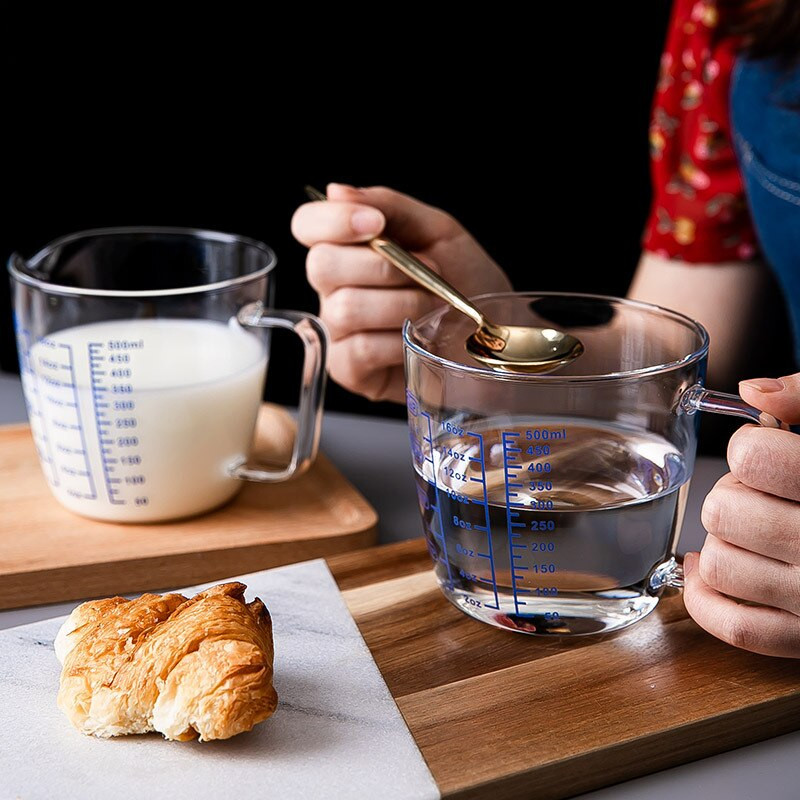 250 ml/500 ml Pyrex pieno matavimo puodelis Svarstyklės mikrobangų matavimo puodelis Stiklinis pieno ąsotis su dangteliu espreso puodeliai