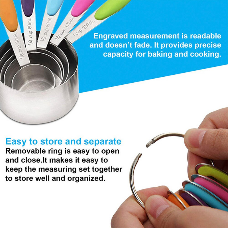 Mjerne žlice od nehrđajućeg čelika Mjerne čaše Silikonska drška za suhe i tekuće kuhinjske dodatke Ekološki prihvatljivo 5 kom.