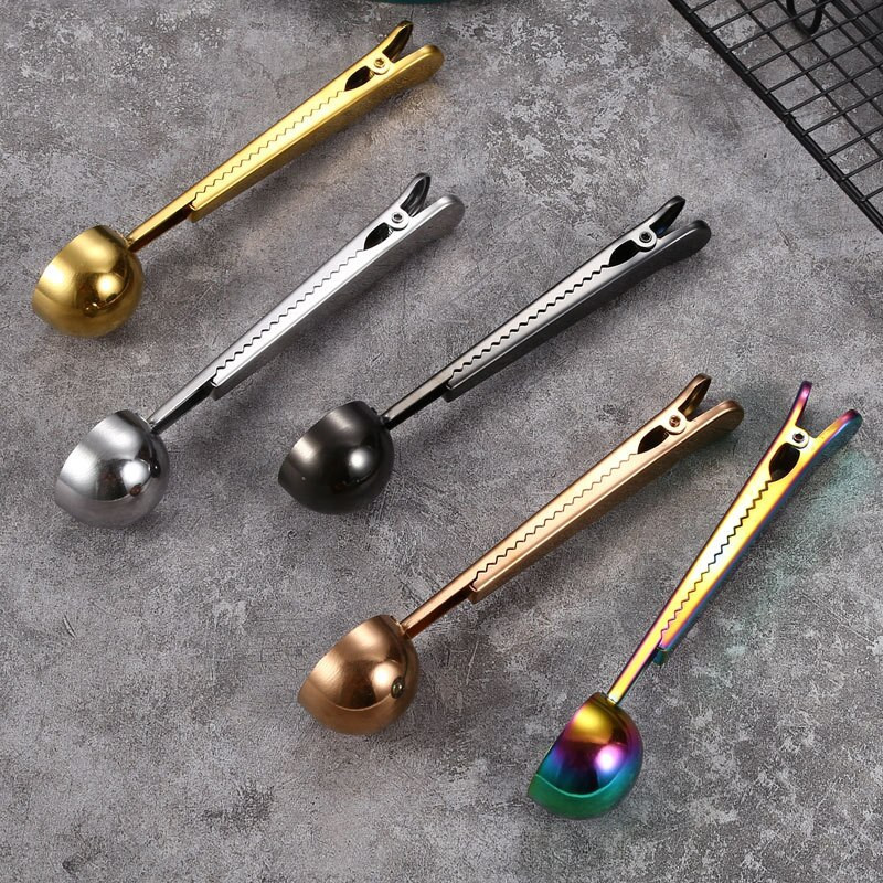 10 vnt. kavos šaukštelis su maišelio sandarinimo spaustuku Nerūdijančio plieno arbatos matavimo šaukštas 2 viename Virtuvės įrankiai Sidabrinis auksas juodas didmeninė prekyba X2