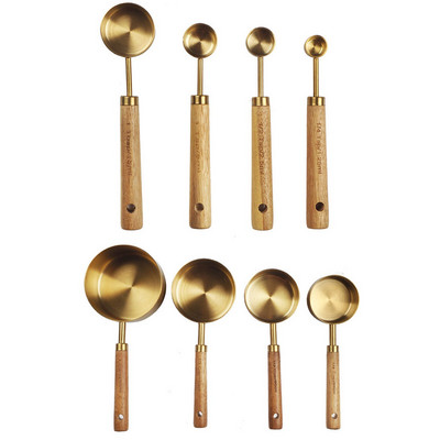 Set mjernih žlica i šalica od nehrđajućeg čelika s drvenom ručkom Set od 8 KOM. Kuhinjski pribor za pečenje Set mjernih vaga