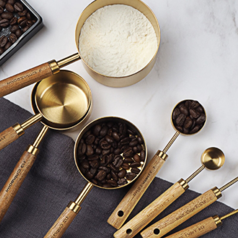 Set mjernih žlica i šalica od nehrđajućeg čelika s drvenom ručkom Set od 8 KOM. Kuhinjski pribor za pečenje Set mjernih vaga