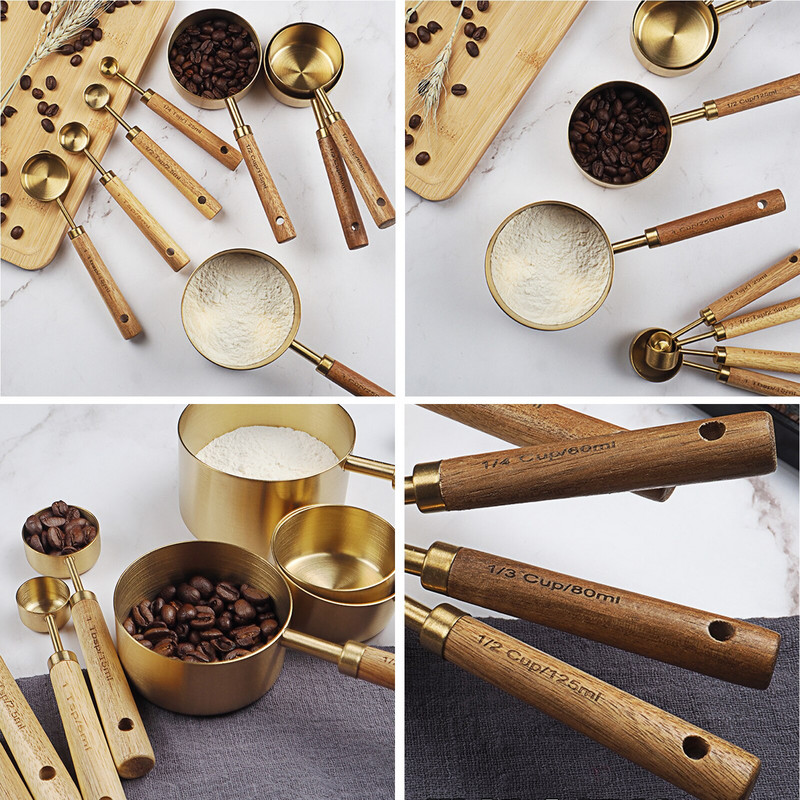 Set mjernih žlica i šalica od nehrđajućeg čelika s drvenom ručkom Set od 8 KOM. Kuhinjski pribor za pečenje Set mjernih vaga