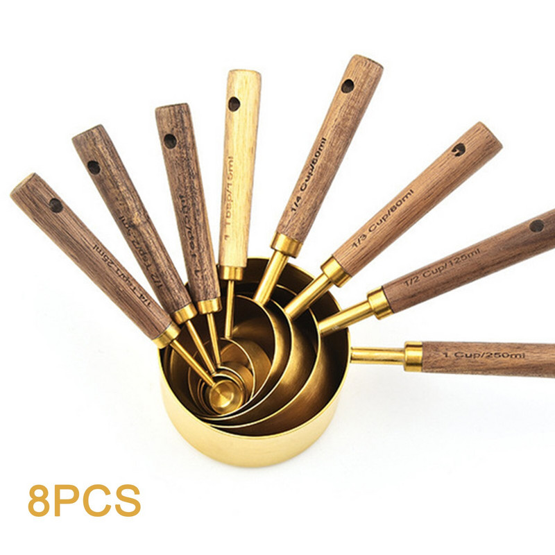 Set mjernih žlica i šalica od nehrđajućeg čelika s drvenom ručkom Set od 8 KOM. Kuhinjski pribor za pečenje Set mjernih vaga