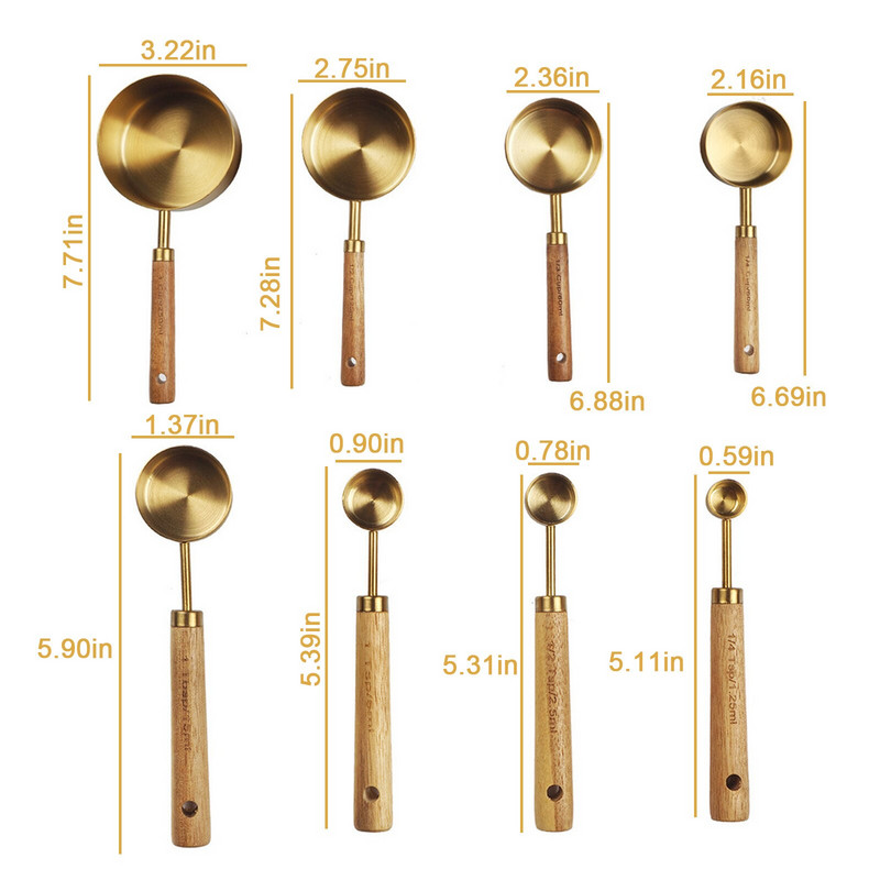 Set mjernih žlica i šalica od nehrđajućeg čelika s drvenom ručkom Set od 8 KOM. Kuhinjski pribor za pečenje Set mjernih vaga