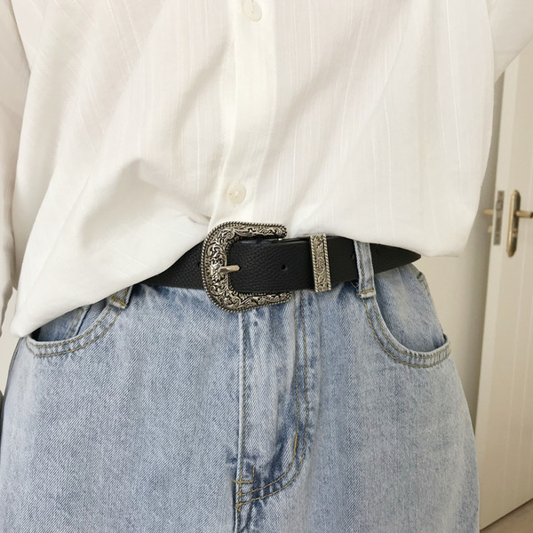 Curea de dama din piele cu catarama metalica in relief