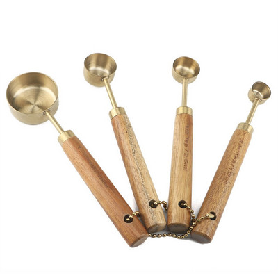 4бр. Лъжици от неръждаема стомана Чаши Мерителни инструменти Аксесоари за печене Дървена дръжка Кухненски джаджи Кафе Лъжица за брашно