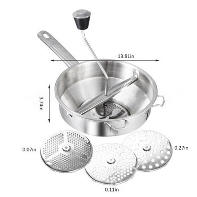 Nehrđajući čelik Dobro prianjanje Mlin za hranu Cijeđenje voća i povrća Pire krumpir Kapacitet 2 litre 3 diska za mljevenje Može se prati u perilici posuđa