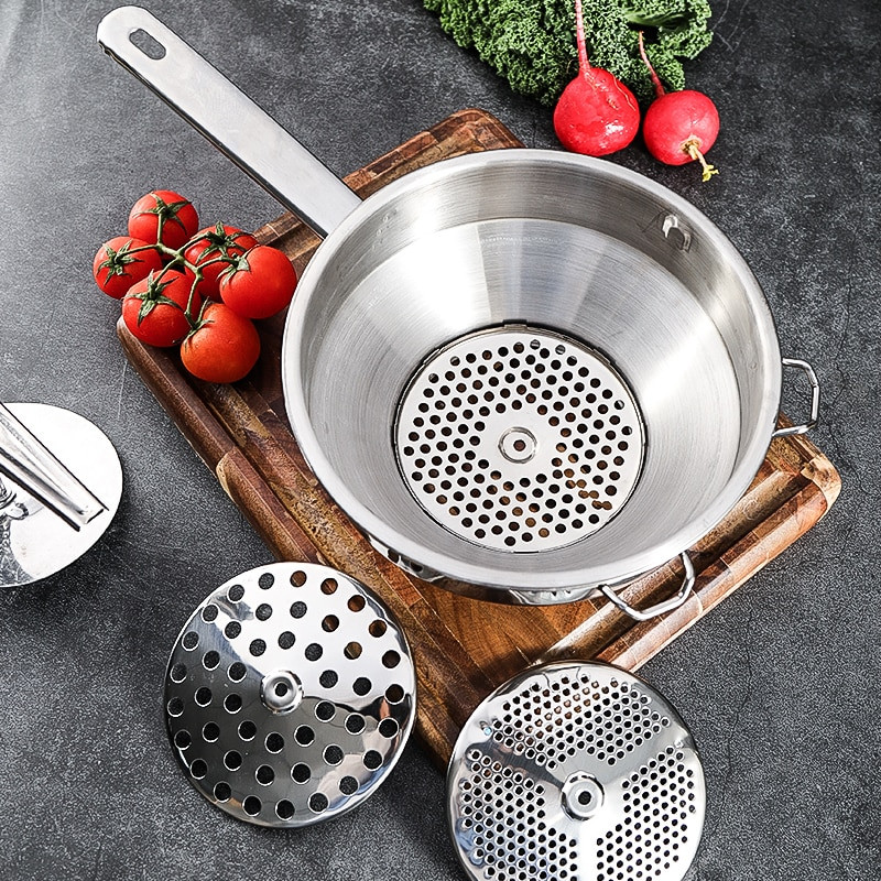 Nehrđajući čelik Dobro prianjanje Mlin za hranu Cijeđenje voća i povrća Pire krumpir Kapacitet 2 litre 3 diska za mljevenje Može se prati u perilici posuđa