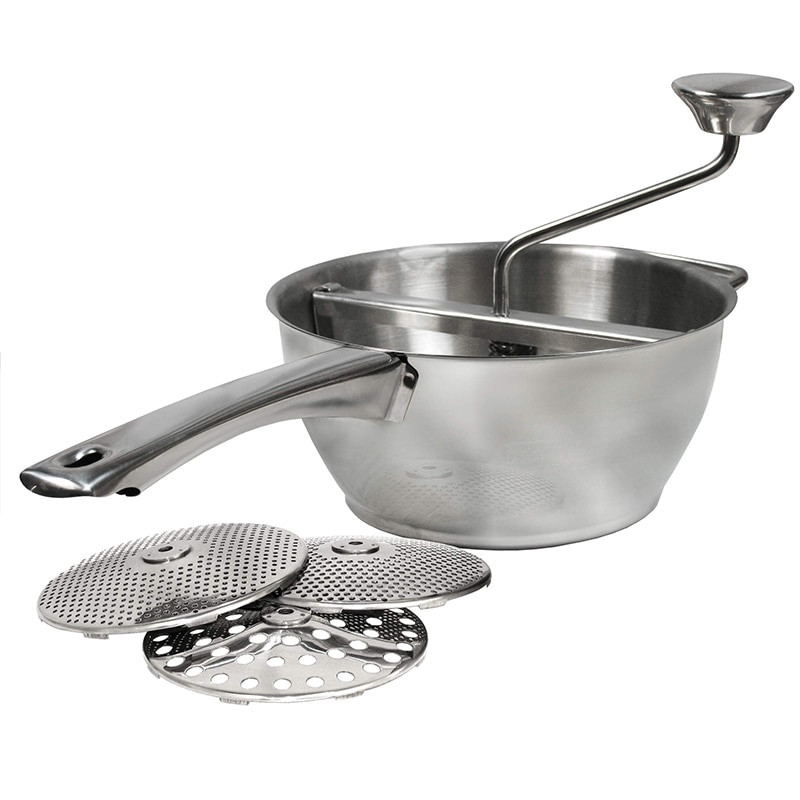 Nehrđajući čelik Dobro prianjanje Mlin za hranu Cijeđenje voća i povrća Pire krumpir Kapacitet 2 litre 3 diska za mljevenje Može se prati u perilici posuđa