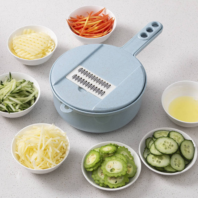 1Szett Multifunkcionális sárgarépareszelő Gyümölcsburgonya-aprító Zöldségvágó Zöldség aprító Szeletelő kosár konyhai tartozékokkal