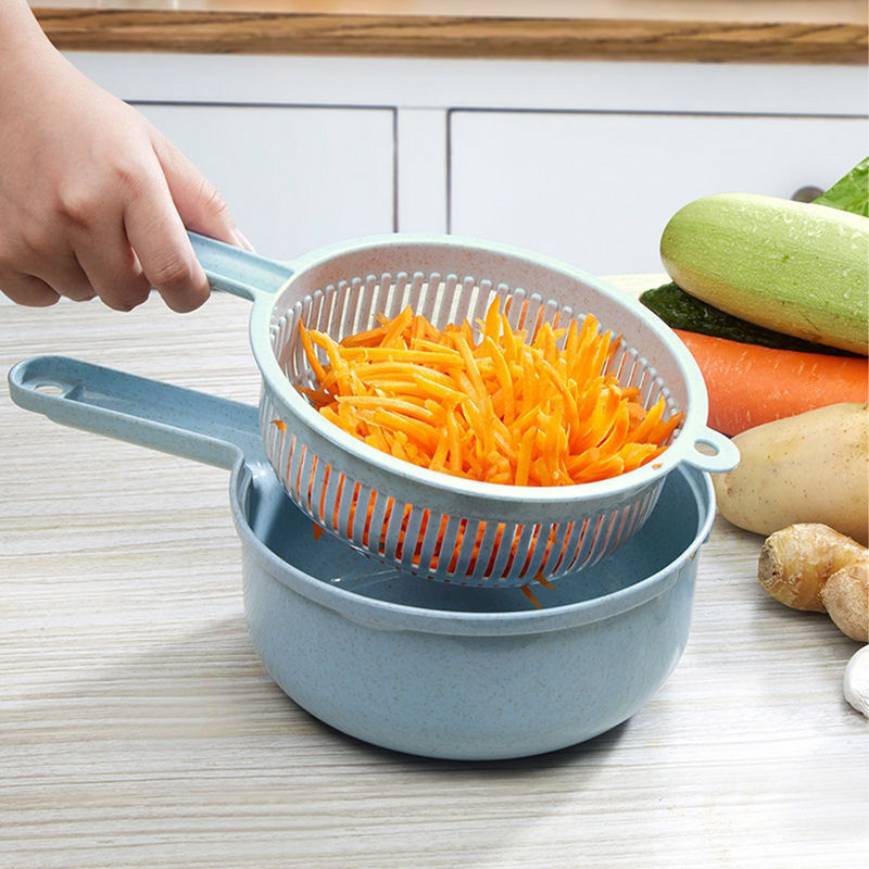 1Szett Multifunkcionális sárgarépareszelő Gyümölcsburgonya-aprító Zöldségvágó Zöldség aprító Szeletelő kosár konyhai tartozékokkal