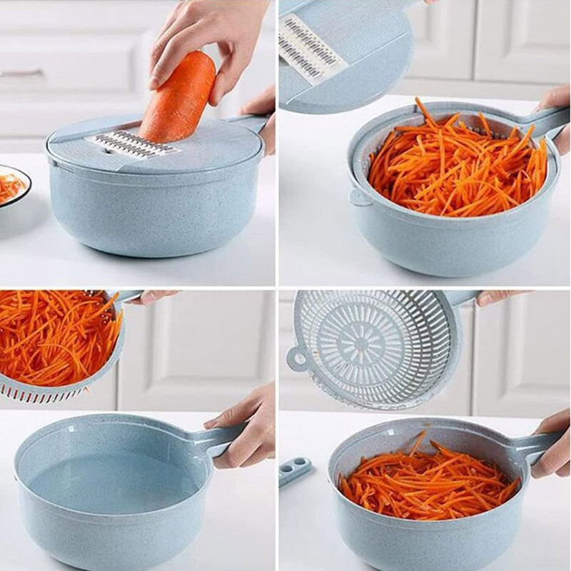 1Szett Multifunkcionális sárgarépareszelő Gyümölcsburgonya-aprító Zöldségvágó Zöldség aprító Szeletelő kosár konyhai tartozékokkal
