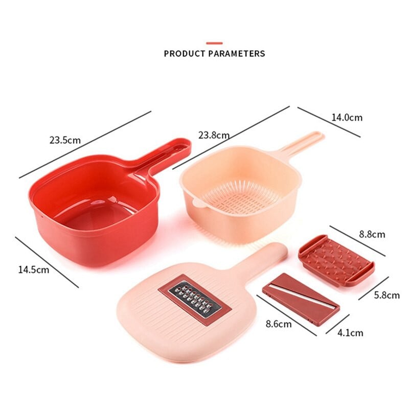 Praktikus, többfunkciós zöldségvágó, vízkanál alakú, kétrétegű lefolyó, 2 pengés gyümölcs- és zöldségszeletelő