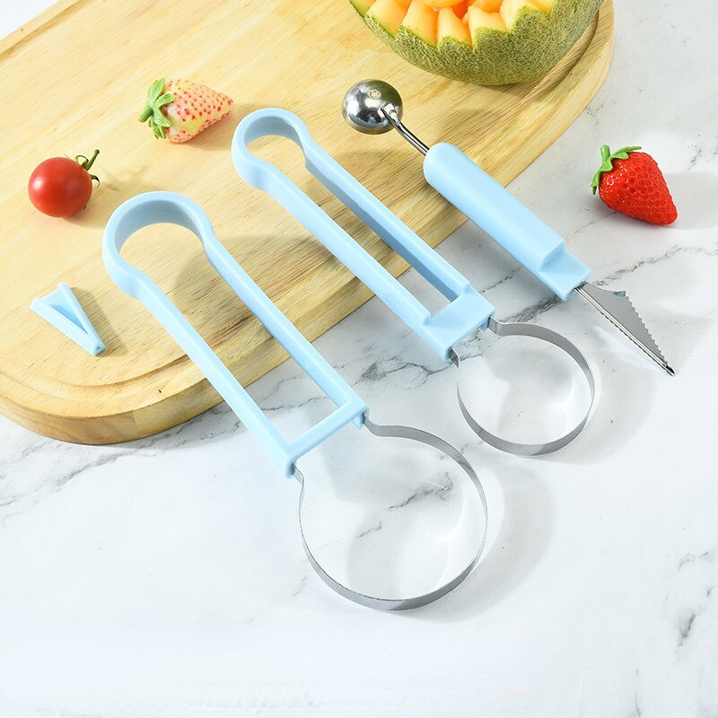 3 az 1-ben gyümölcsgombóc, többfunkciós, duplafejű szett faragó kés Görögdinnye zsák gombóc mageltávolító tálca