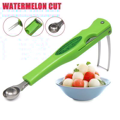 Új 3 az 1-ben rozsdamentes acél kézi görögdinnye vágó szeletelő gyümölcsgolyó kanál villa praktikus konyhai kellékek Accesorios De Cocina