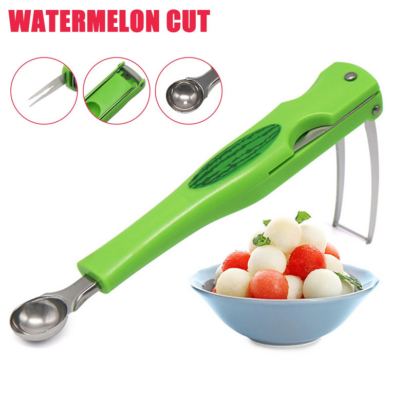 Új 3 az 1-ben rozsdamentes acél kézi görögdinnye vágó szeletelő gyümölcsgolyó kanál villa praktikus konyhai kellékek Accesorios De Cocina