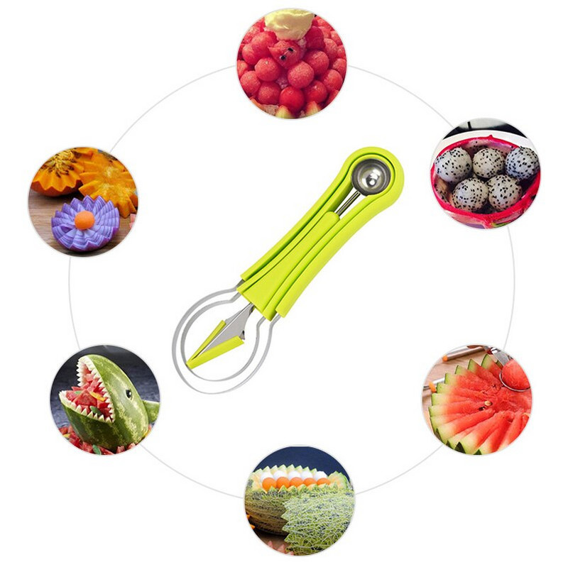 Set de instrumente 4 în 1 pentru tăierea fructelor, cuțit pentru tăiat pepene verde, tăietor de pepene galben, set de linguriță pentru săpat fructe, separator de pulpă, gadgeturi de bucătărie