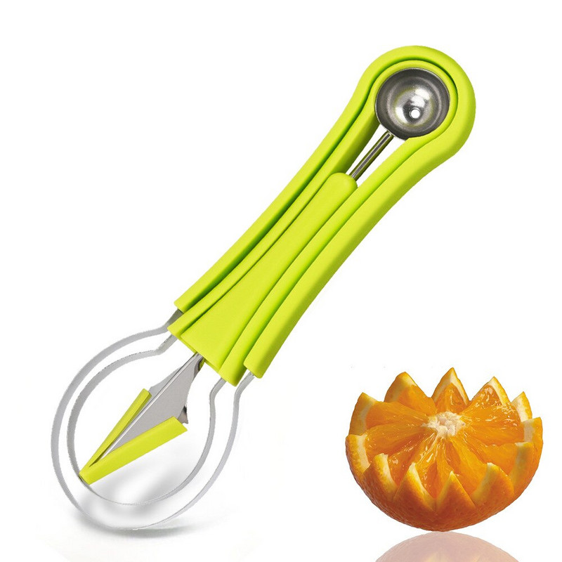 Set de instrumente 4 în 1 pentru tăierea fructelor, cuțit pentru tăiat pepene verde, tăietor de pepene galben, set de linguriță pentru săpat fructe, separator de pulpă, gadgeturi de bucătărie