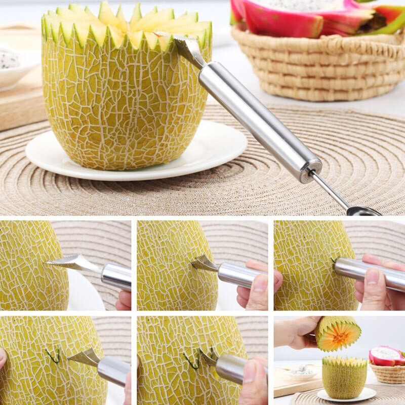 Nerūdijančio plieno melionų balionėlis su vaisių drožimo įrankiu Ledų kaušelis Namų virtuvė Virimo meliono šaukštas