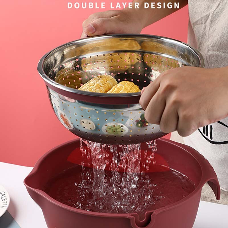 7 az 1-ben, kétrétegű, forgó zöldség- és gyümölcslecsapoló- és törlőedény 304 rozsdamentes acél, többcélú burgonyareszelő