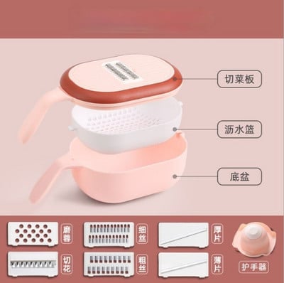 Többfunkciós zöldségvágó, több pengéjű burgonyaszeletelő, háztartási mosáshoz és vágáshoz, forgó leeresztő kosárba integrált eszközök