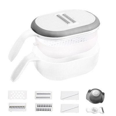 Többfunkciós zöldségvágó, több pengéjű burgonyaszeletelő, háztartási mosáshoz és vágáshoz, forgó leeresztő kosárba integrált eszközök