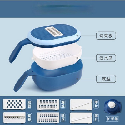 Többfunkciós zöldségvágó, több pengéjű burgonyaszeletelő, háztartási mosáshoz és vágáshoz, forgó leeresztő kosárba integrált eszközök