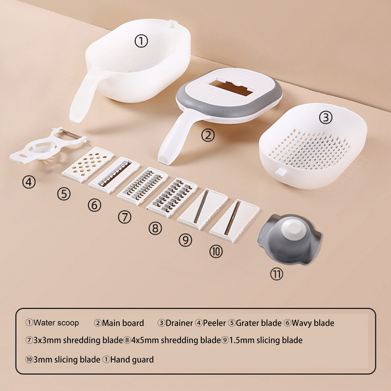 Többfunkciós zöldségvágó, több pengéjű burgonyaszeletelő, háztartási mosáshoz és vágáshoz, forgó leeresztő kosárba integrált eszközök