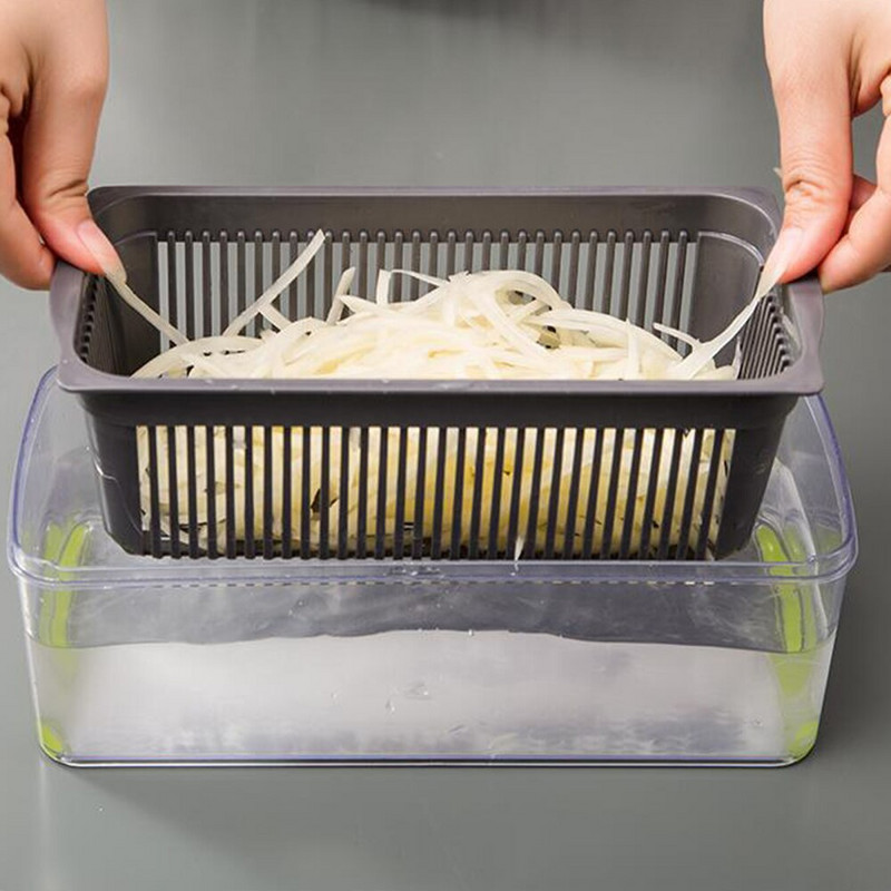 Konyhai kütyük Zöldség aprító Hámozó Többfunkciós Finom Szűrő Lyukak Éles penge lefolyó kosár Design Gyümölcsszeletelő Reszelő