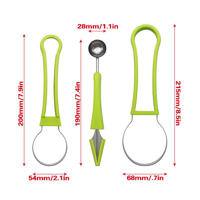 Dinnyegolyós gyümölcskanál vágókészlet 3 az 1-ben rozsdamentes acél mageltávolító, görögdinnye fagylalthoz való faragáshoz