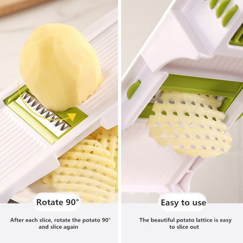 Többfunkciós zöldségvágó Gyümölcsszeletelő Reszelő Aprítógép Vízelvezető kosár 8 az 1-ben Kütyük burgonya aprító konyhai kiegészítők