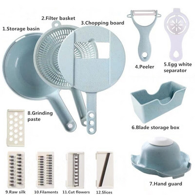 Mandoline Zöldségszeletelő Zöldségkonyhai Kiegészítők Burgonyahámozó Sárgarépareszelő 9 az 1-ben többfunkciós zöldségaprító