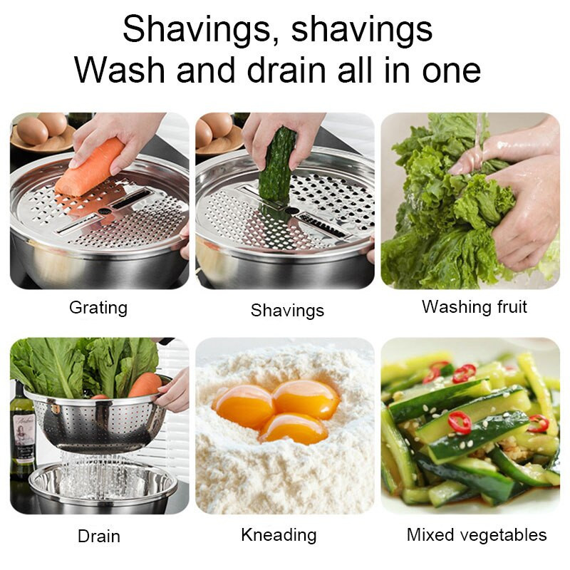 Daugiafunkcinis nerūdijančio plieno baseino daržovių pjaustytuvo rinkinys arba baseino daržovių pjaustytuvo kanalizacijos krepšelio rinkinys arba pjaustytuvo virtuvės įrankiai