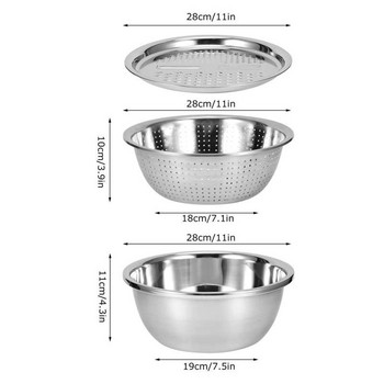 3 τεμ/Σετ από ανοξείδωτο ατσάλι Μπολ Τρίφτης Λαχανικών Σετ λεκάνης αποστράγγισης Σετ σουρωτήρι πλυσίματος ρυζιού Εργαλεία κουζίνας πολλαπλών λειτουργιών