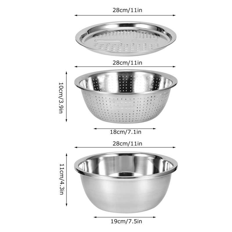 3 db/szett rozsdamentes acél zöldségreszelő tál lefolyós mosdókészlet rizs mosogató szűrő többfunkciós konyhai eszközök