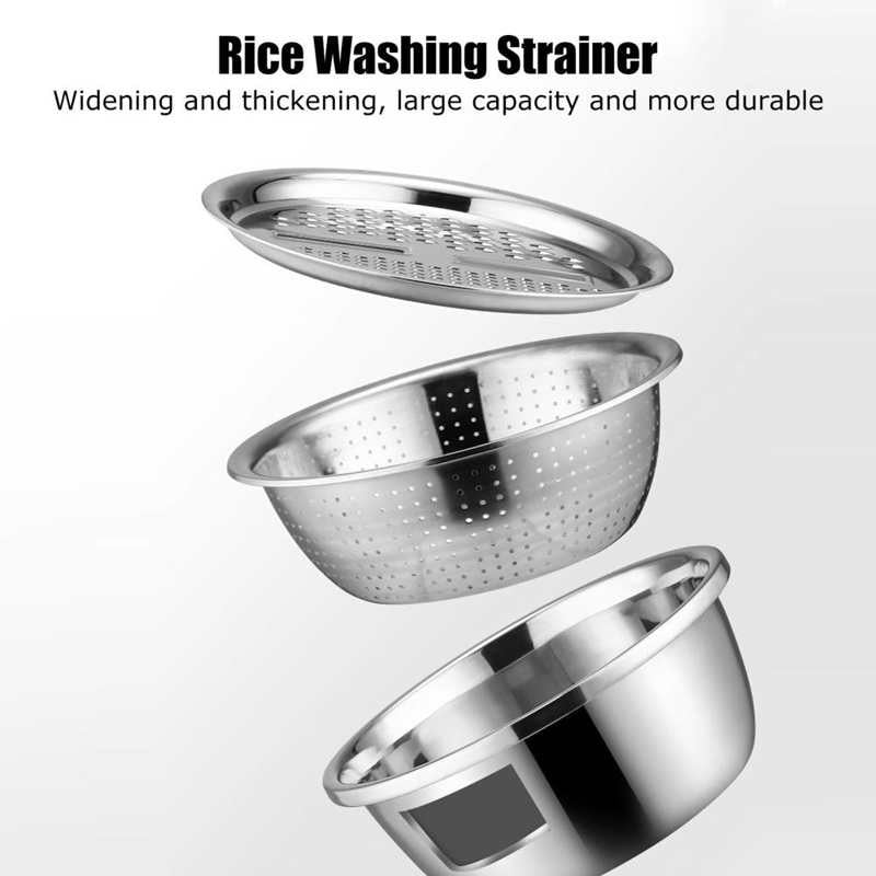 3 db/szett rozsdamentes acél zöldségreszelő tál lefolyós mosdókészlet rizs mosogató szűrő többfunkciós konyhai eszközök