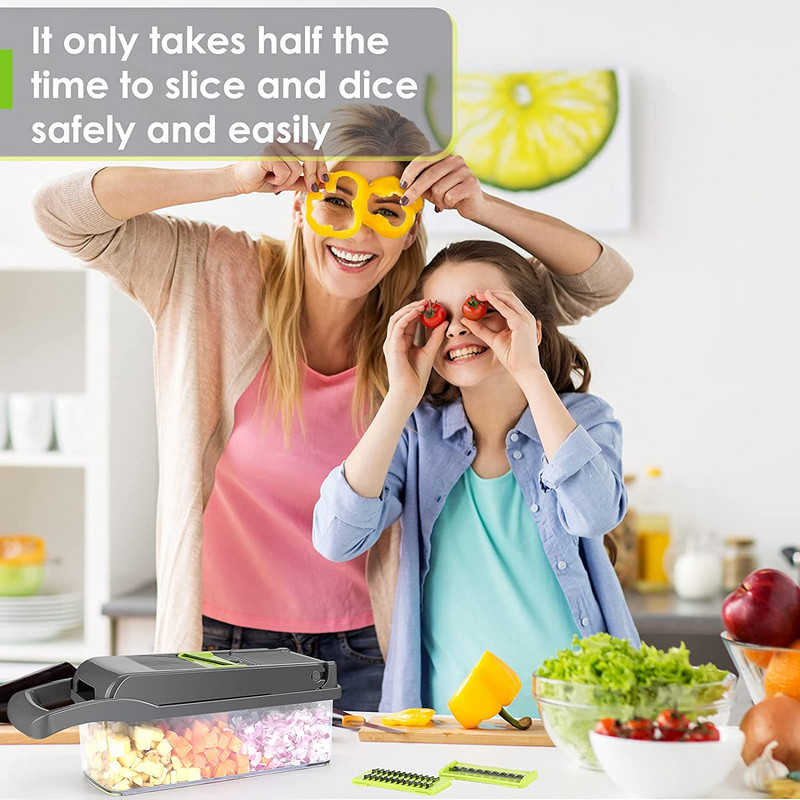 Чопър за зеленчуци Трудоспособен чопър за храна Чопър за лук Резачка за зеленчуци и кубчета 12 в 1 Контейнер за кълцане за зеленчуци за салата