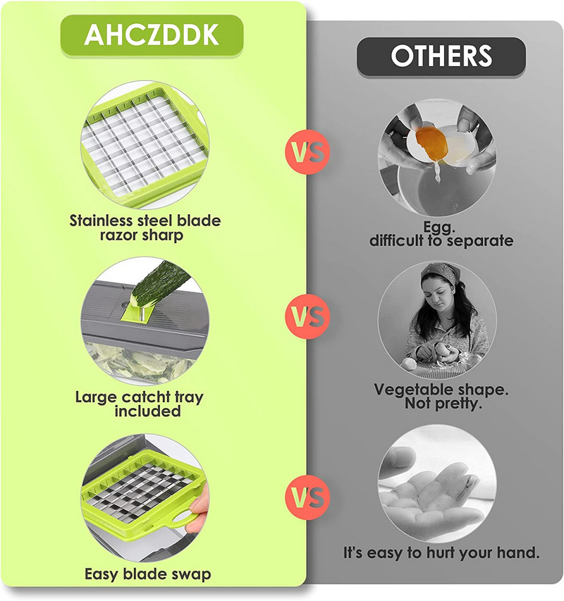 Чопър за зеленчуци Трудоспособен чопър за храна Чопър за лук Резачка за зеленчуци и кубчета 12 в 1 Контейнер за кълцане за зеленчуци за салата