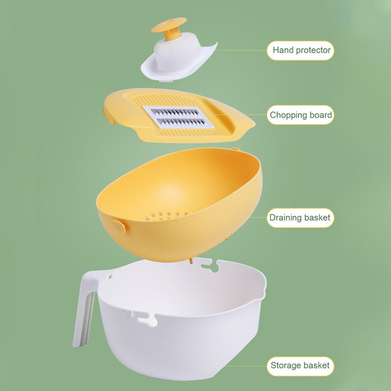 Többfunkciós zöldségvágó, gyümölcsszeletelő aprítógép zöldségmosóval, lefolyó kosárral, burgonyavágó konyhai tartozékokkal