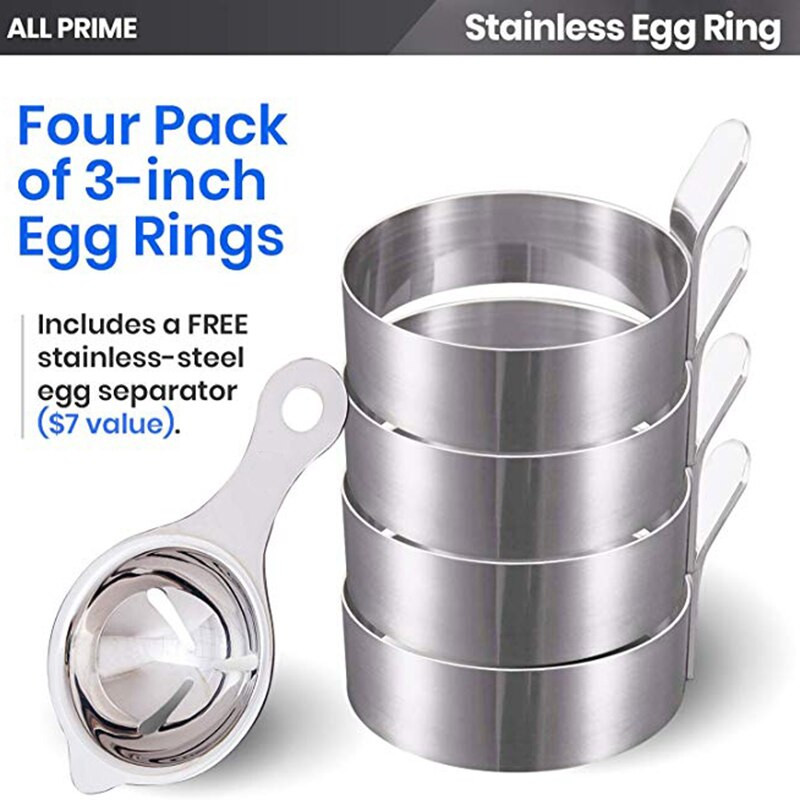 NAJLEPŠIE 4 ks nerezových krúžkov na vajíčka na vyprážanie vajec, tvarovač vajec, nepriľnavé krúžky na varenie, forma na omeletu, obsahuje 1 oddeľovač vajec, Ki