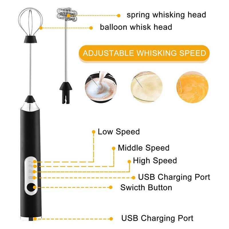 Ručný napeňovač mlieka, nabíjateľný napeňovač mlieka, mixér na nápoje s 2 metličkami, na nepriestrelnú horúcu čokoládu cappuccino