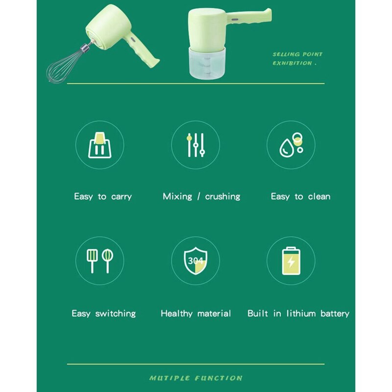 2 v 1 bezdrôtový elektrický šľahač, sekačka na potraviny, cesnakový šľahač, mixér na bielky, kuchynské náradie, nabíjanie cez USB