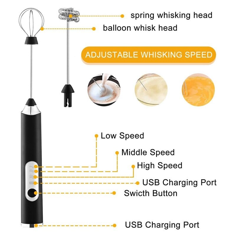 Ručný napeňovač horúceho mlieka, dobíjateľný napeňovač mlieka, mixér na nápoje s 2 metličkami, na nepriestrelnú horúcu čokoládu cappuccino