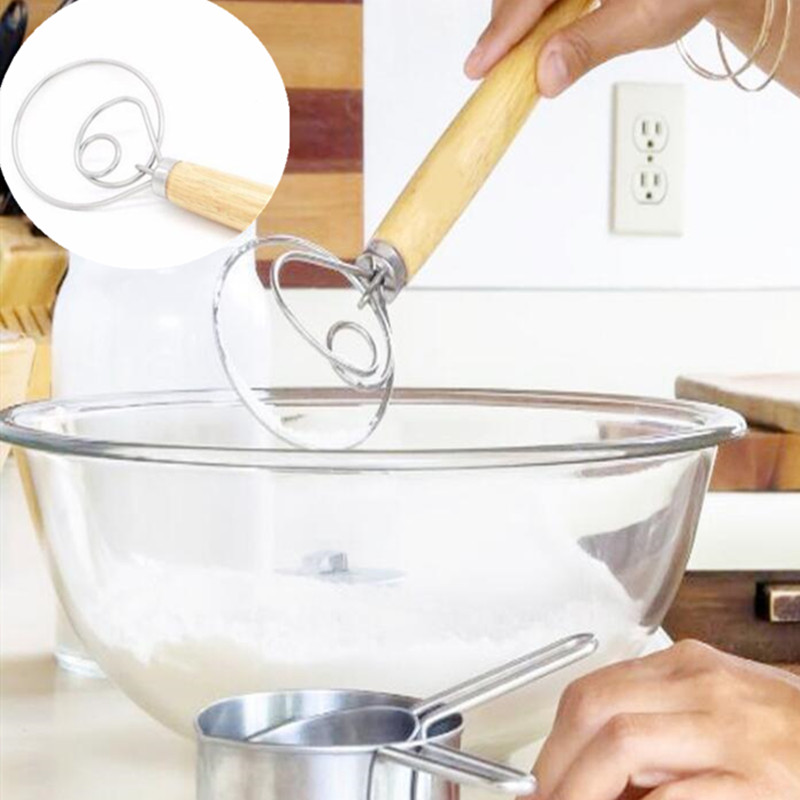 Nástroj na šľahanie vajec, mixér z nehrdzavejúcej ocele s rukoväťou z dubového dreva na pečenie cesta na chlieb, metlička na cesto, kuchynské pomôcky