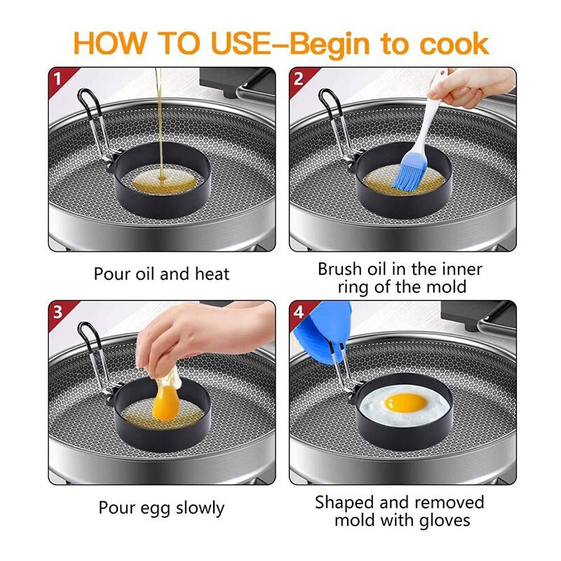 4 ks krúžkov na vajíčka, nepriľnavá forma s gumovým povlakom, tvarovacia okrúhla forma na vajíčka na vyprážané vajíčka, palacinky, sendviče