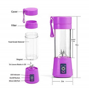 Επαναφορτιζόμενο Personal Juice Blender Fruit Shakes Electric 6 Blades Portable Blender Juicer Cup with USB Charger Charger 380ml