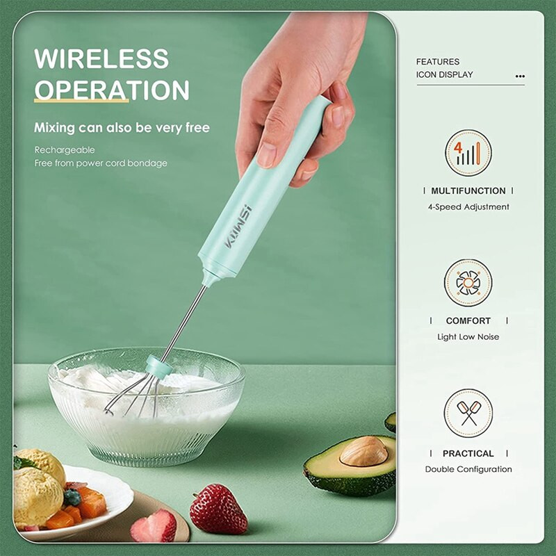 Ručný elektrický napenovač mlieka so 4 rýchlosťami, nabíjateľný šľahač vajec s USB, mini mixér na kávu Latte