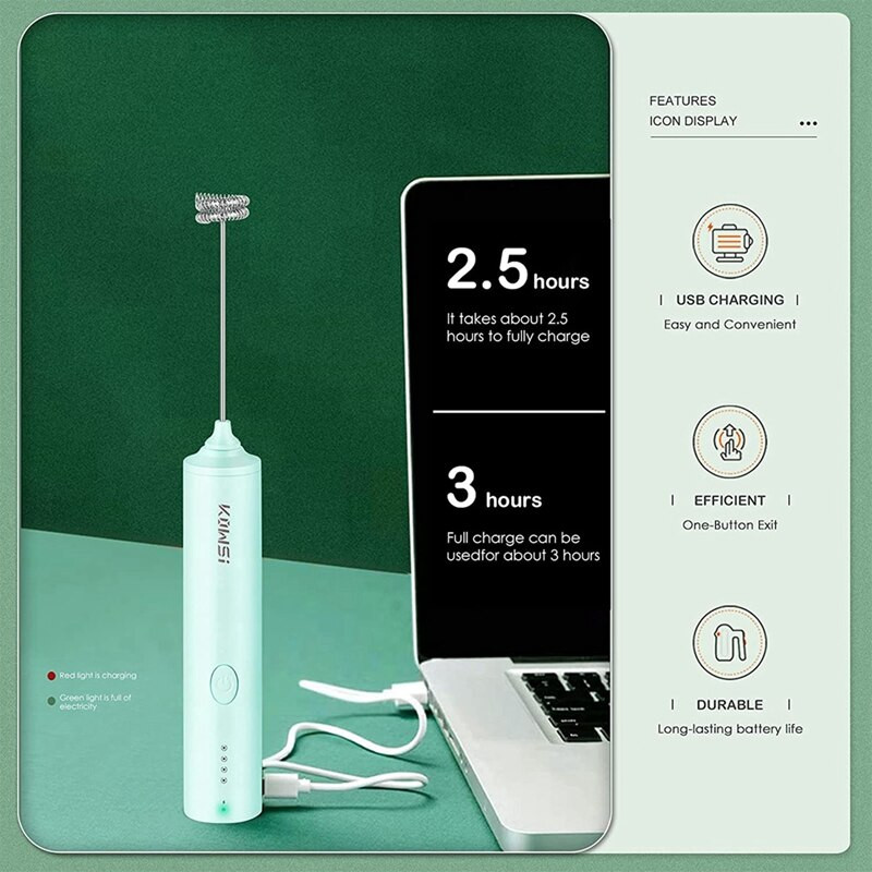 Ručný elektrický napenovač mlieka so 4 rýchlosťami, nabíjateľný šľahač vajec s USB, mini mixér na kávu Latte