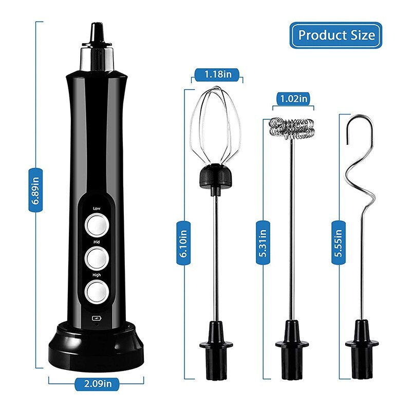 Elektrický napeňovač mlieka, ručný napeňovač s 3 nerezovými metličkami na kávu, 3 rýchlosti, nabíjateľný mixér na nápoje s USB