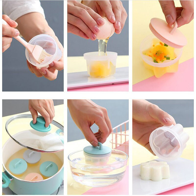 4 ks/sada plastových foriem na varenie vajec s kefkou, kuchynské nástroje na varenie vajec pre deti, výrobca palaciniek U2